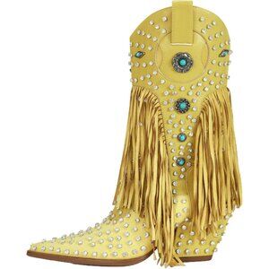 Rhinestone Embellishments Mid Calf Cowgirl Boots Turquoise Flower Studded